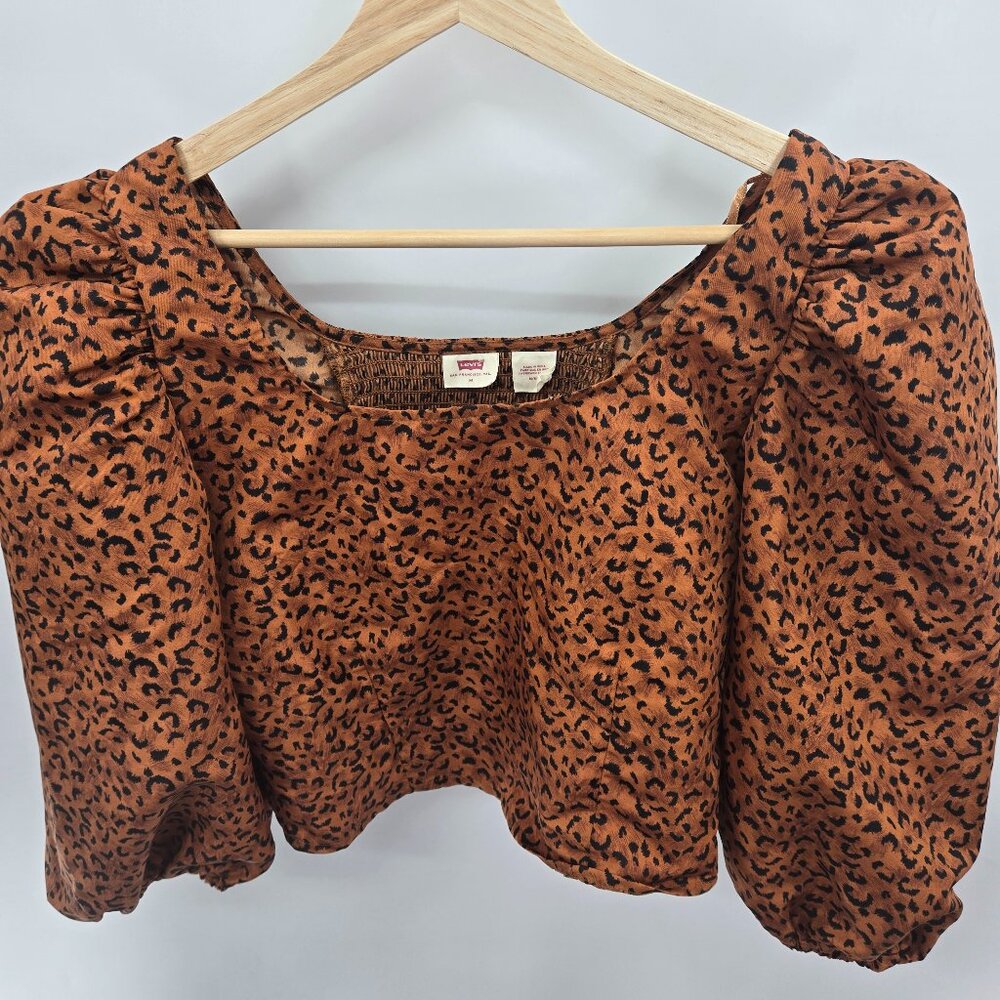 Levi's Brown Animal Print Kaila Ruched Puffed Sleeve Crop Top Medium